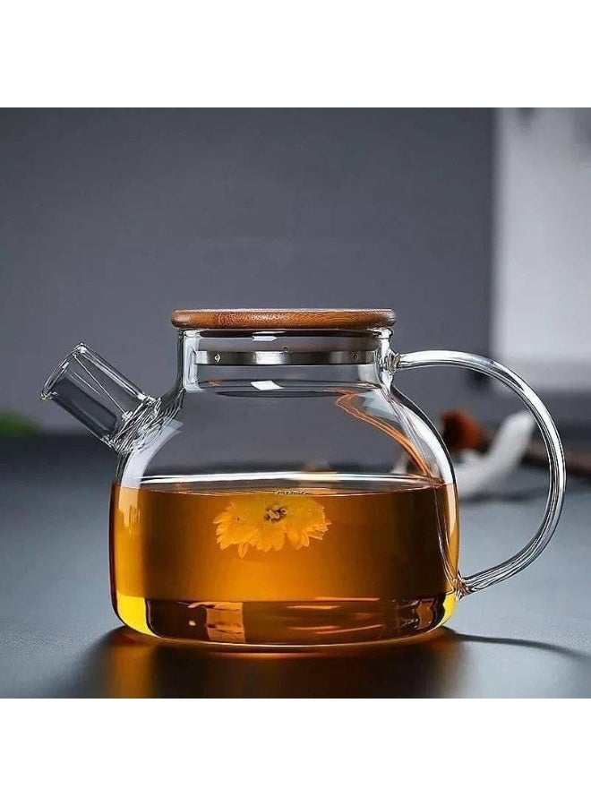 إبريق شاي زجاجي مقاوم للحرارة بسعة 1 لتر مع غطاء خشبي ومصفاة زجاج بوروسيليكات - Image 3